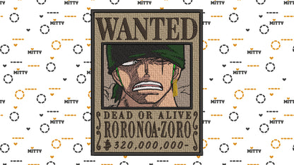 Matriz para bordado One Piece Zoro Wanted/ Patrón Bordado - Valkynea